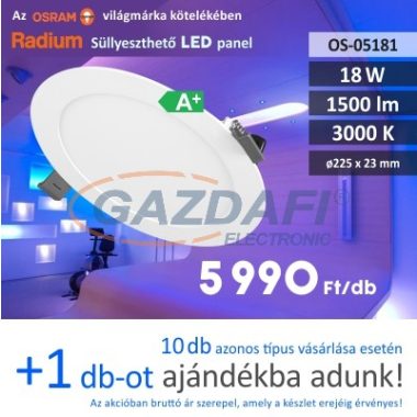 RADIUM Süllyesztett LED panel, kerek, 18W, 1500Lm, 3000K 17x23mm