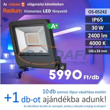 RADIUM LED fényvető 30W, 2400Lm, 4000K, 186x34mm, IP65