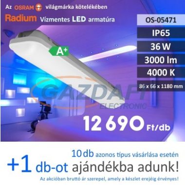 RADIUM LED lámpatest 36W 220-240V 3000lm 4000K 120° 1180x66mm IP65 A+ 30000h
