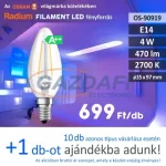   RADIUM LED fényforrás, filament, E14, 4W, 470Lm, 240V, 2700K, átlátszó búra
