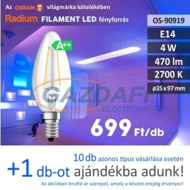 Bec Led RADIUM LED  filament, E14, 4W, 470Lm, 240V, 2700K, transparent