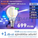   RADIUM LED fényforrás, filament, E14, 4W, 470Lm, 240V, 2700K, átlátszó búra