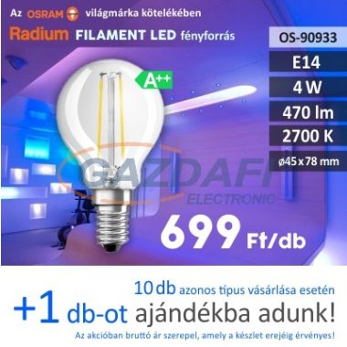 RADIUM LED fényforrás, filament, E14, 4W, 470Lm, 240V, 2700K, átlátszó búra