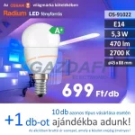   RADIUM LED fényforrás, E14, 5.3W, 470Lm, 240V, 2700K, opál búra