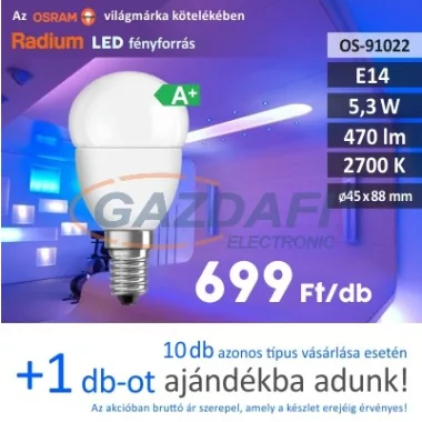 RADIUM LED fényforrás, E14, 5.3W, 470Lm, 240V, 2700K, opál búra