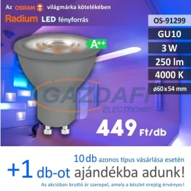 RADIUM LED fényforrás, GU10, 3W, 250Lm, 240V, 4000K