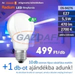   RADIUM A60 LED fényforrás, E27, 5.5W, 470Lm, 240V, 2700K, opál búra