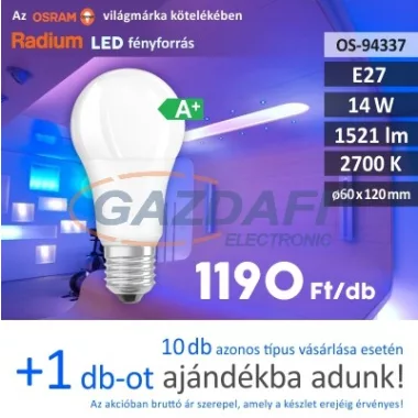 RADIUM A60 LED fényforrás, E27, 14W, 1521Lm, 240V, 2700K, opál búra