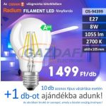   RADIUM A60 LED fényforrás, filament, E27, 8W, 1055Lm, 240V, 2700K
