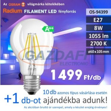 Bec Led RADIUM A60 LED  filament, E27, 8W, 1055Lm, 240V, 2700K