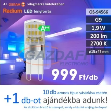 RADIUM LED fényforrás, G9, 1.9W, 200Lm, 240V, 2700K, opál búra