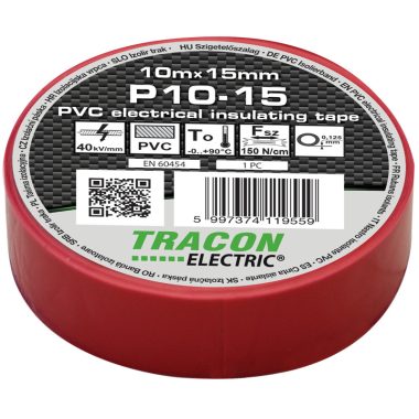 TRACON P10-15 Szigetelőszalag, piros 10m×15mm, PVC, 0-90°C, 40kV/mm