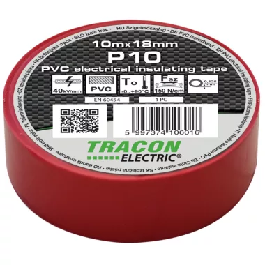 TRACON P10 Szigetelőszalag, piros 10m×18mm, PVC, 0-90°C, 40kV/mm