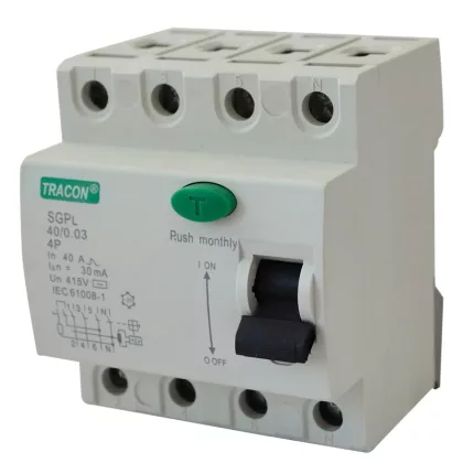   TRACON RB4-25500 Áram-védőkapcsoló, 4 pólusú 25A, 500mA ,4,5 kA, 4P (Fi-relé)