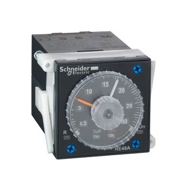 SCHNEIDER RE48ACV12MW Zelio Time 48x48mm panelre szerelhető aszimmetrikus ütemező időrelé, 2 CO, 5A, 24-240V AC/DC 11 tűs
