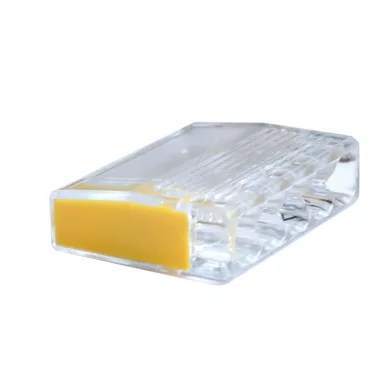 TRACON RVO2,5-5 Csavar nélküli vezetékösszekötő, átlátszó/sárga 5×0,5-2,5mm2, 450VAC, max. 16A