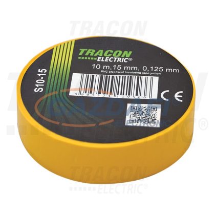   TRACON S10-15 Szigetelőszalag, sárga 10m×15mm, PVC, 0-90°C, 40kV/mm, 10 db/csomag