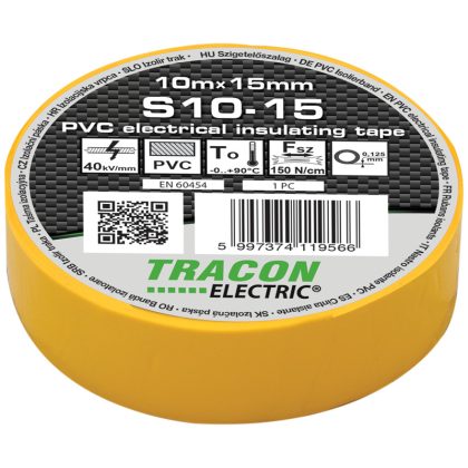   TRACON S10-15 Szigetelőszalag, sárga 10m×15mm, PVC, 0-90°C, 40kV/mm