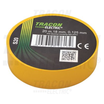   TRACON S20 Szigetelőszalag, sárga 20m×18mm, PVC, 0-90°C, 40kV/mm, 10 db/csomag