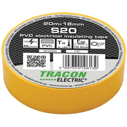   TRACON S20 Szigetelőszalag, sárga 20m×18mm, PVC, 0-90°C, 40kV/mm