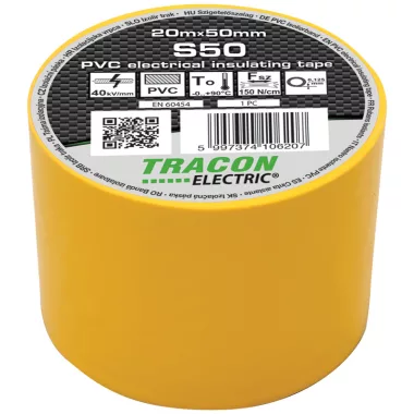 TRACON S50 Szigetelőszalag, sárga 20m×50mm, PVC, 0-90°C, 40kV/mm