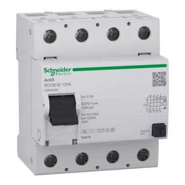 SCHNEIDER A9R45492 Residual current circuit breaker (RCCB), Acti9 RCCB-ID, 4P, 125A, B type, 300mA, selective