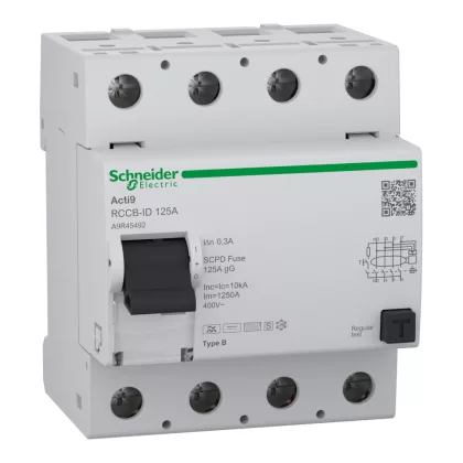   SCHNEIDER A9R45492 Residual current circuit breaker (RCCB), Acti9 RCCB-ID, 4P, 125A, B type, 300mA, selective