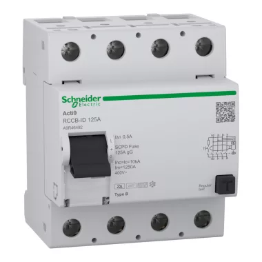 SCHNEIDER A9R46492 Residual current circuit breaker (RCCB), Acti9 RCCB-ID, 4P, 125A, B type, 500mA
