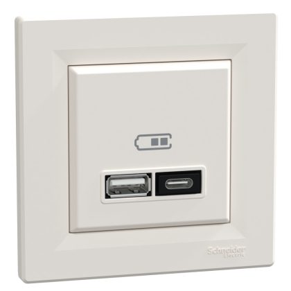   SCHNEIDER EPH2700523 ASFORA Dupla USB töltő, A+C, 21W, kerettel, bézs