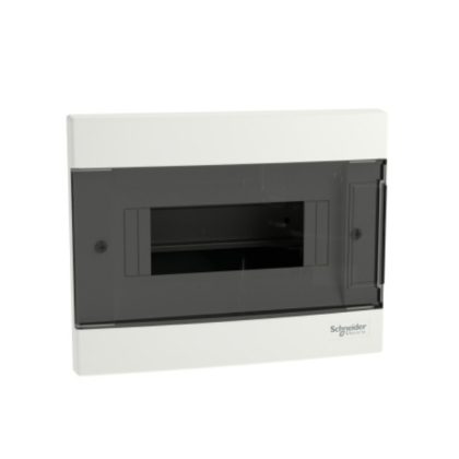   SCHNEIDER EZ9EUA108 EASY9 EU Kiselosztó, 8 modul, PE+N sínnel, füstszínű ajtóval, süllyesztett