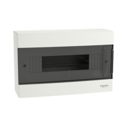 SCHNEIDER EZ9EUC112 EASY9 EU Kiselosztó, 12 modul, PE+N sínnel, füstszínű ajtóval, falon kívüli