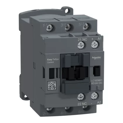 SCHNEIDER LC1E0601BD Contactor,Easy TeSys Control,LC1E,3P(3NO),AC-3/AC-3e,<=440V,6A,24V DC coil,1 NC auxiliary contact