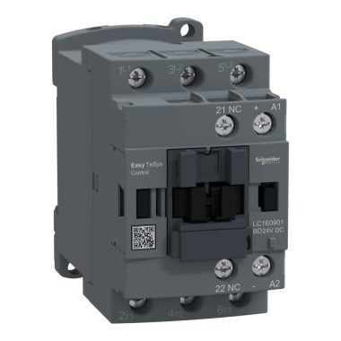 SCHNEIDER LC1E0901BD Contactor,Easy TeSys Control,LC1E,3P(3NO),AC-3/AC-3e,<=440V,9A,24V DC coil,1 NC auxiliary contact