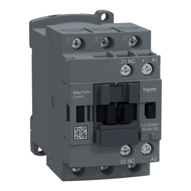 SCHNEIDER LC1E2501BD Contactor,Easy TeSys Control,LC1E,3P(3NO),AC-3/AC-3e,<=440V,25A,24V DC coil,1 NC auxiliary contact