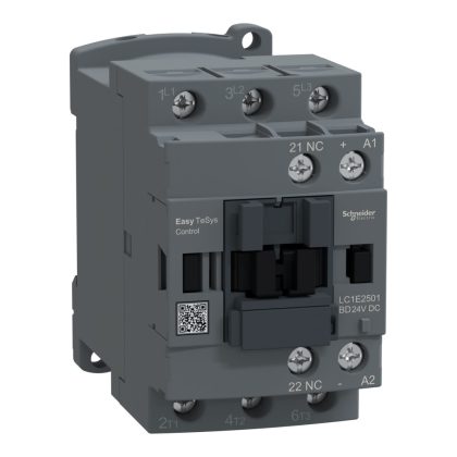   SCHNEIDER LC1E2501BD Contactor,Easy TeSys Control,LC1E,3P(3NO),AC-3/AC-3e,<=440V,25A,24V DC coil,1 NC auxiliary contact