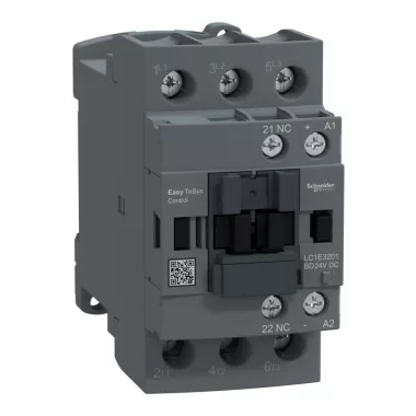 SCHNEIDER LC1E3201BD Contactor,Easy TeSys Control,LC1E,3P(3NO),AC-3/AC-3e,<=440V,32A,24V DC coil,1 NC auxiliary contact