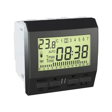 SCHNEIDER MGU3.505.12 UNICA Programozható szobatermosztát, rögzítőkeret nélkül, 2 modulos, grafit SCHNEIDER MGU3.505.12 UNICA Programozható szobatermosztát, rögzítőkeret nélkül, 2 modulos, grafit