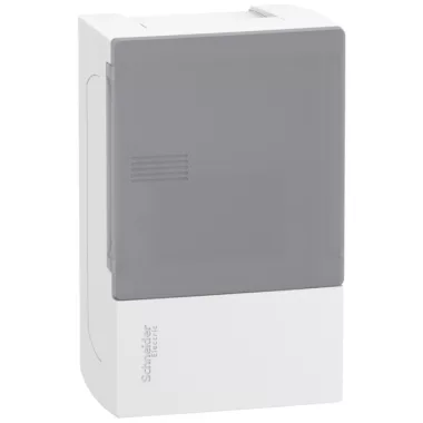 SCHNEIDER MIP12104T RESI9 MP Kiselosztó, tejüveg hatású átlátszó ajtó, falon kívüli, 1x4 modul, PEN sín, fehér