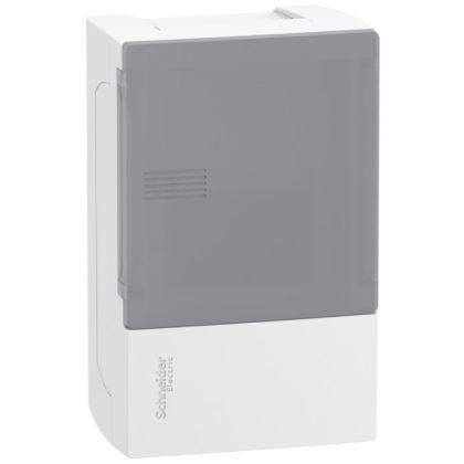 SCHNEIDER MIP12104T RESI9 MP Kiselosztó, tejüveg hatású átlátszó ajtó, falon kívüli, 1x4 modul, PEN sín, fehér