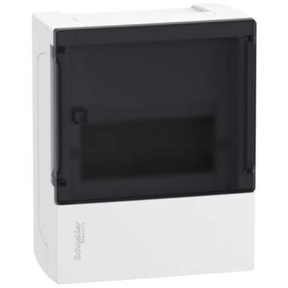   SCHNEIDER MIP12106S RESI9 MP Kiselosztó, füstszínű átlátszó ajtó, falon kívüli, 1x6 modul, PEN sín, fehér