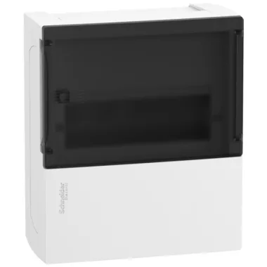 SCHNEIDER MIP12108S RESI9 MP Kiselosztó, füstös hatású átlátszó ajtó, falon kívüli, 1x8 modul, PEN sín, komplett, fehér