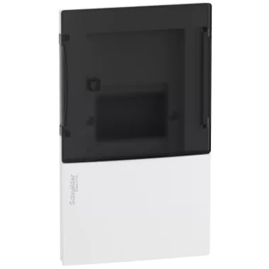 SCHNEIDER MIP22104S RESI9 MP Kiselosztó, füstös hatású átlátszó ajtó, süllyesztett, 1x4 modul, PEN sín, komplett, fehér
