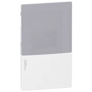 SCHNEIDER MIP22104T RESI9 MP Kiselosztó, tejüveg hatású átlátszó ajtó, süllyesztett, 1x4 modul, PEN sín, komplett, fehér