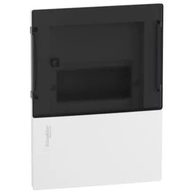 SCHNEIDER MIP22106S RESI9 MP Distributor, smoky transparent door, recessed, 1x6 module, PEN rail, complete, white