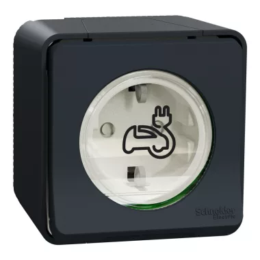SCHNEIDER MUR36012 Mureva Styl EV-töltő aljzat, csapófedéllel, csavaros, komplett, falon kívüli, antracitszürke, 16A, megerősített csatl.