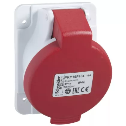   SCHNEIDER PKY16F434 PRATIKA Panelre szerelhető döntött aljzat, 3P+F, 6h, 16A, 415V, IP44, gyorscsatlakozás