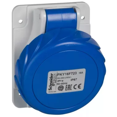 SCHNEIDER PKY16F723 PRATIKA Panelre szerelhető döntött aljzat, 2P+F, 6h, 16A, 250V, IP67, gyorscsatlakozás
