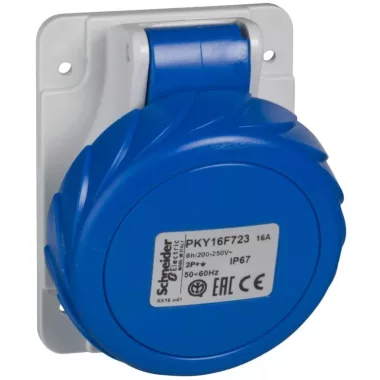 SCHNEIDER PKY32F723 PRATIKA Panelre szerelhető döntött aljzat, 2P+F, 6h, 32A, 250V, IP67, gyorscsatlakozás