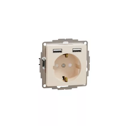   SCHNEIDER SDD112052 ÚJ SEDNA 2P+F dugalj csatlakozóaljzat, BZS, kettős USB töltővel, rugós, 16A/2.4A, bézs