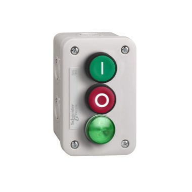SCHNEIDER XALE33V1M Harmony XALE tokozott nyomógomb állomás, 1 zöld "I", 1 piros "O", 1 zöld LED, 230 VAC
